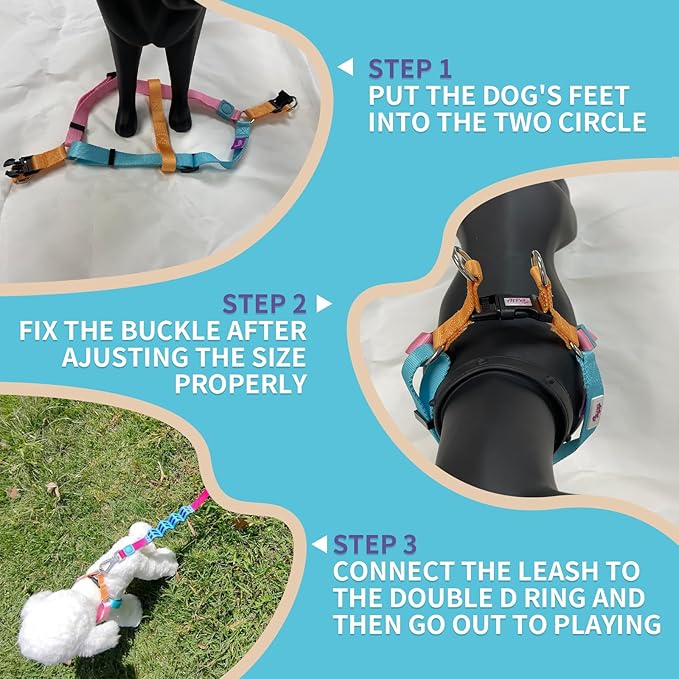 Tri-Color Dog Harness and Purple Pink Gradient Shock Absorbing Dog Leash Set,Step-in Freedom Dog Vest Harness,Strong Padded Handle to Help Stop Pulling for Midium Dog Walking and Traning