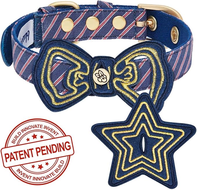 Blueberry Pet 2 Patterns Adjustable Dog Collar with Metal Buckle and 2 Detachable Bowtie - Blue Asymmetric Stripe, Neck 9-12.5", for Small Breed