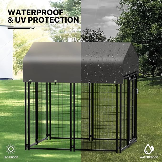 MoNiBloom Outdoor Dog Kennels for Small/Medium Dogs, Weatherproof Dog Pen Run with Cover and Rotating Feeding Door, 4.6ft High Expandable Dog Playpen for Outside Yard, 8 Panels with Powder Coating