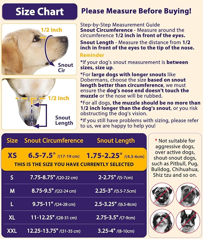 LUCKYPAW Dog Muzzle, Mesh Muzzle for Large Medium Small Dogs with Front Opening Design, Dog Mouth Cover to Prevent Biting, Licking, Chewing, Scavenging, Allows Drinking (XS-Snout:6½-7½", Black)
