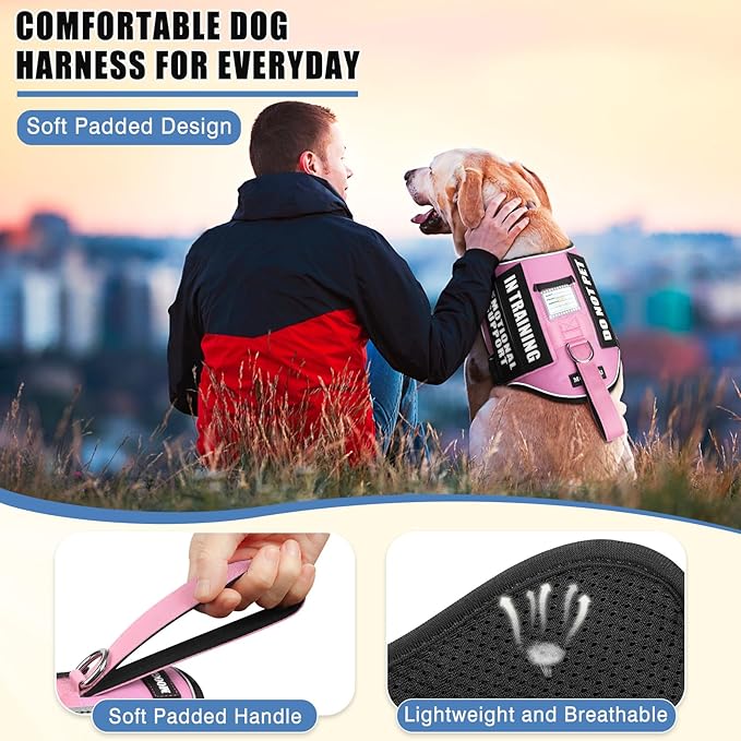 Service Dog Vest Harness+ID Tag+10 Patches,Metal Serivce Dog Tag&Reflective Emotional Support Dog Vest with Handle for Medium Dogs,Easy Put On/Off for Training/Walking/Everyday Pink M