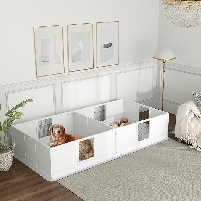PawHut Whelping Box for Dogs and Puppies, Dog Whelping Box with Waterproof Pee Pad, Adjustable Height Door, for Large Dogs Indoor Use, 96" x 47" x 19"