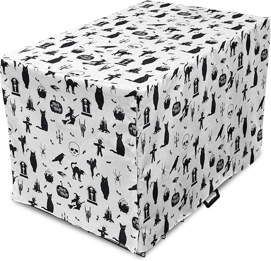 Lunarable Halloween Dog Crate Cover, Horror Pattern Tombstone Kitty Owl Voodoo Trick or Treat Pumpkin, Easy to Use Pet Kennel Cover for Medium Large Dogs, 48 Inch, Grey Black Charcoal