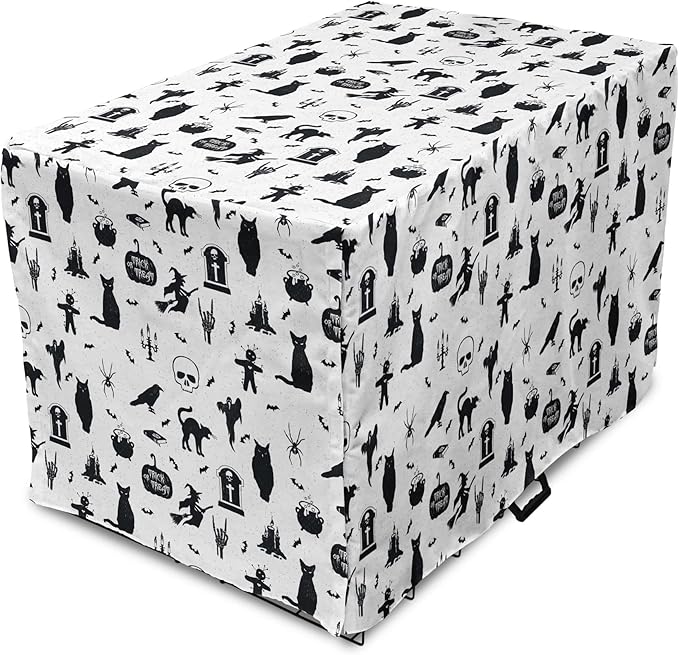 Lunarable Halloween Dog Crate Cover, Horror Pattern Tombstone Kitty Owl Voodoo Trick or Treat Pumpkin, Easy to Use Pet Kennel Cover for Cats & Medium Dogs, 30 Inch, Grey Black Charcoal
