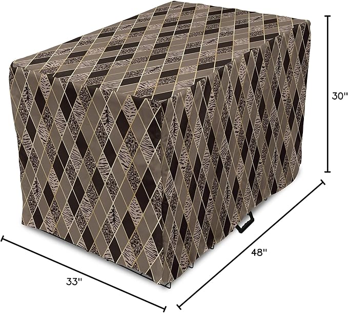 Lunarable Contemporary Brown Dog Crate Cover, Rhomb Check Pattern with Animal Skins, Easy to Use Pet Kennel Cover for Medium Large Dogs, 48 Inch, Umber Dark Brown