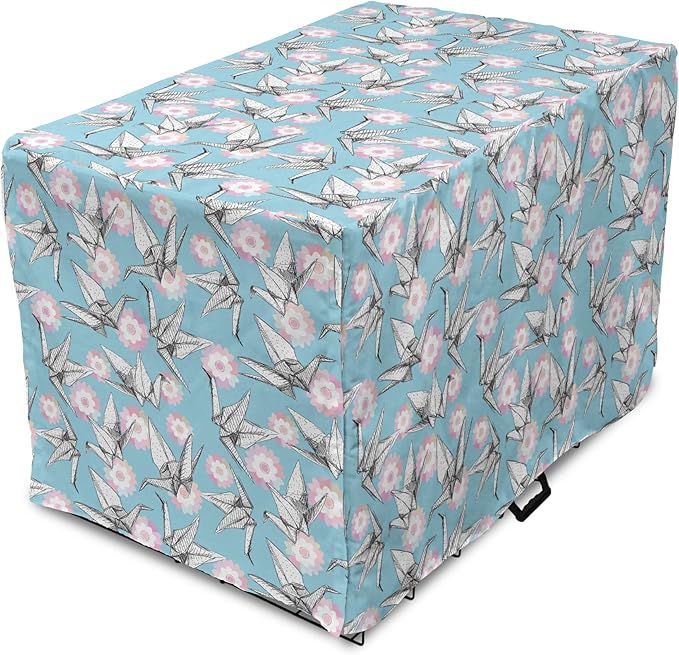Lunarable Origami Dog Crate Cover, Japanese Tradition Paper Cranes and Cherry Blossom Petals Spring, Easy to Use Pet Kennel Cover for Medium Large Dogs, 42 Inch, Pale Pink Pale Blue White