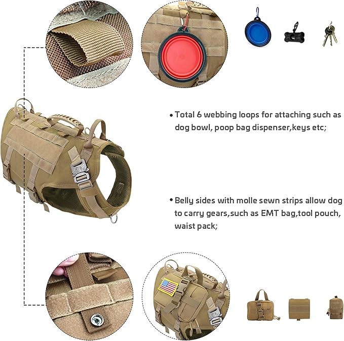 PET ARTIST Tactical Dog Harness for Hiking Training, No Pull Vest Harness for Medium Large Dogs, with Pouches and Patches Coyote Brown, L