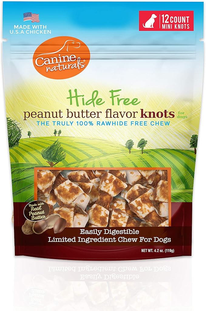 Canine Naturals Natural Peanut Butter Chew, Mini Knot - 12 Pack - 100% Rawhide Free and Collagen Free Dog Treats - Made with Real Peanut Butter - All-Natural and Easily Digestible