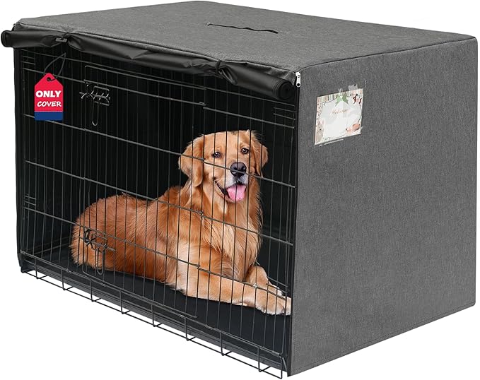 HiCaptain 48 inch Dog Crate Cover with Card Pocket, Heavy Duty Polyester Windproof Pet Kennel Cover Universal Fit for 1 or 2 Doors Standard Wire Crate (Grey)