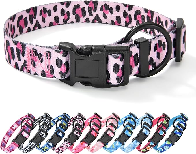 Mile High Life Dog Collar | Nylon Puppy Collars w Cute Patterns | Lightweight Girl Dog Collar | Boy Dog Collar for Small/Medium/Large Dogs (Pink Leopard, Large)