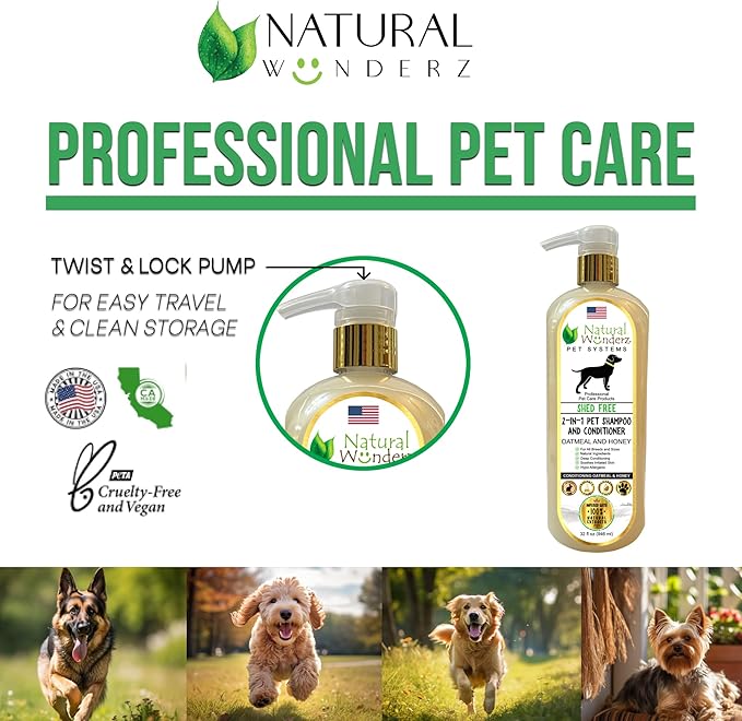 Pet Shampoo & Conditioner, Shed Free 2-in-1, Oatmeal and Honey, Hypoallergenic, Vegan, Natural Extract, for Healthy Skin & Coat, 32 Fl Oz, for Dry Itchy Skin, All Breeds, by Natural Wunderz