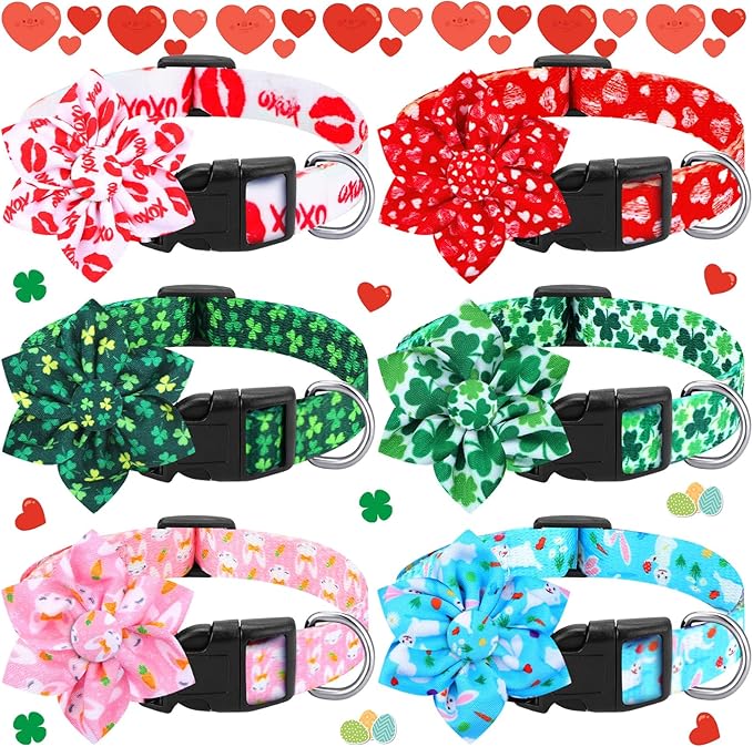 6 Pcs Valentine's Day Dog Collar with Flower Adjustable Valentine's Day Loving Heart Printed Collar for Dogs Holiday Safety Buckle Nylon Dog Collar for Female Male Small Medium Large Pet Dogs(Small)