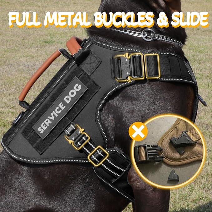 Service Dog Vest - HEYCAHVA Tactical Dog Harness Full Metal Buckles Dog Vest for Large Medium Dog Reflective No Pull Dog Harnesses with Leather Handle, Hook & Loop for Hiking Training (Black, XL)