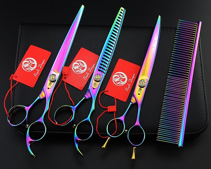 Purple Dragon 7.0"/8.0" 3 in 1 Top-Level Professional Pet Grooming Thinning or Chunker Scissors - Downward Curved Shears and Dog Hair Cutting Scissor - Pet Groomer