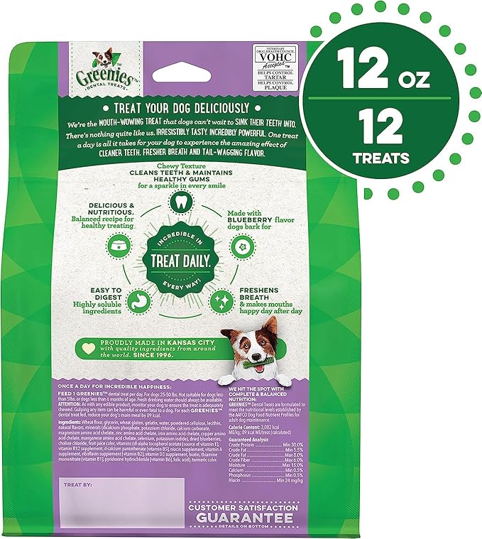 Greenies Bursting Blueberry Dog Dental Treat Regular Size 12 count - Pack of 3