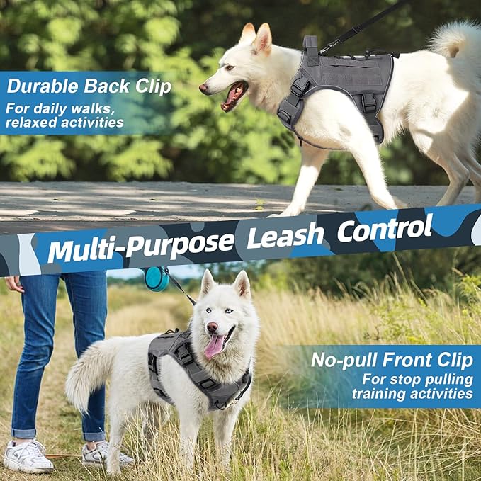 WINGOIN Grey Harness with Handle, Metal Buckles Tactical Dog Harness Vest for Large Medium Dogs No Pull Adjustable Reflective K9 Military Dog Vest Harnesses for Walking, Hiking, Training(M)