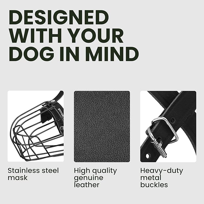 BRONZEDOG Pitbull Dog Muzzle Metal Mask Amstaff Wire Basket Pit Bull Adjustable Leather Straps for Large Dogs (Steel)