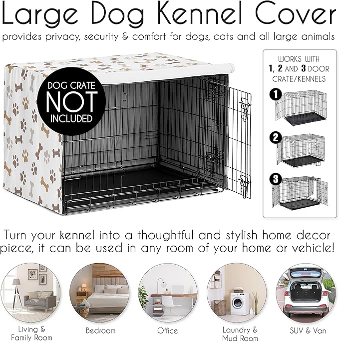 Sweet Jojo Designs Bone Paw Print Dog Crate Cover – Kennel Covers for 42 Inch Pet Cage Medium/Large - Neutral Grey Taupe Brown Modern Off White Gray Tan Puppy