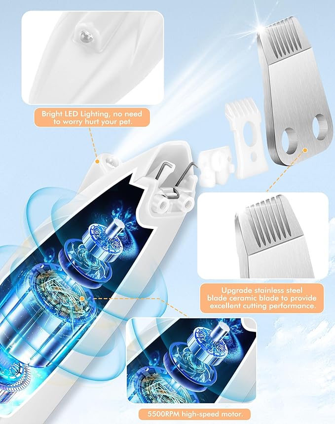 LEYOUFU Dog Clippers for Grooming, Cordless Dog Grooming Kit for Small Dogs with LED Light, Rechargeable Low Noise Cat Hair Trimmer for Grooming Pet Hair Around Paws, Eyes, Ears, Face, Rump (White)