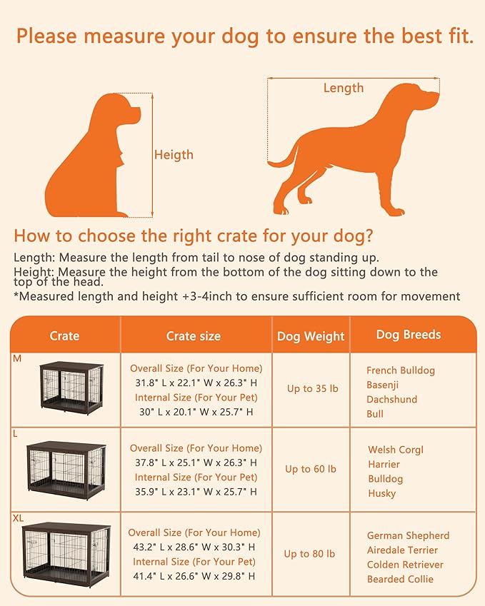 Piskyet Wooden Dog Crate Furniture with Divider Panel, Dog Crate End Table with Fixable Slide Tray, Dog Kennel Furniture, Dog Kennel Indoor for Medium Dogs(M:31.8" L*22.1" W*26.3" H,Brown Walnut)