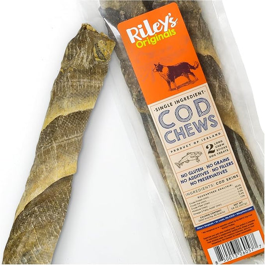 Riley's Cod Skins for Dogs - Air Dried Single Ingredient Dog Treats - Long, Hand Wrapped Cod Skin Dog Treats - Sustainably Caught in Iceland - 2 Pack 10 inch Chew Sticks
