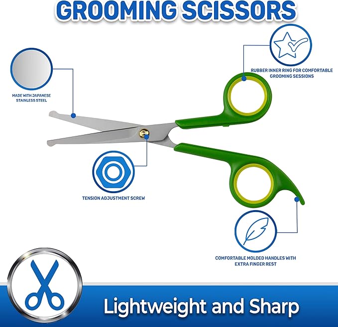 Pet Magasin Japanese Stainless Steel Grooming Scissors (2) for Facial Hair and Larger for Body Trimming with Round Tip