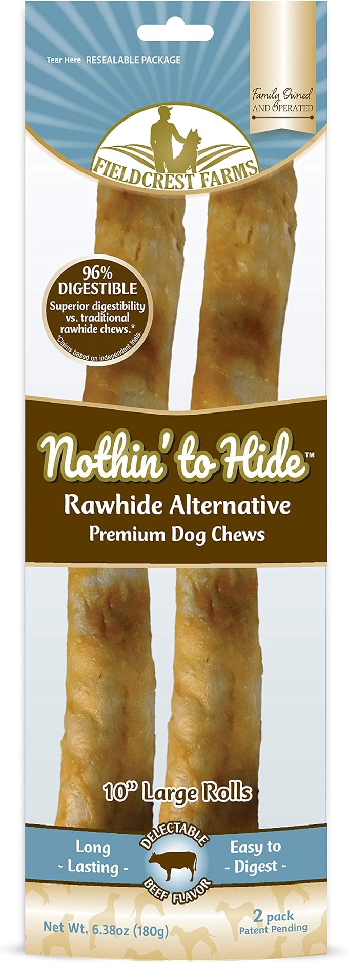 Fieldcrest Farms Nothing to Hide Natural Rawhide Alternative Large 10'' Rolls for Dogs - 3 Pack (6 Chews) Premium Grade Easily Digestible Chews - Great for Dental Health (Beef)