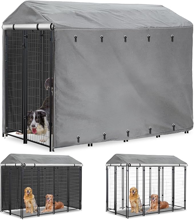 Outdoor Dog Kennel Cover Full Coverage Windproof Anti-UV 8'Dx4'Wx6'H.Waterproof Dog Kennel Cover for Multiple Brands of Dog Kennels,Cover Only,Grey.(Patent Pending)