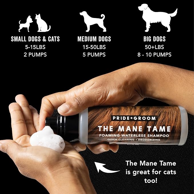 Pride and Groom The Mane Tame Waterless Dog Shampoo – Foaming Dry Shampoo for Dogs and Cats Made in USA for a Rinse Free Cleanse and to Eliminate Odor in Between Baths On-The-Go – 7.1 fl oz