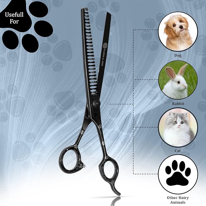 Professional Dog Grooming Chunker Shears/Scissors with Paw Prints for Dogs, Cats & Pets (Right Handed, Black, Stainless Steel 8 Inch)