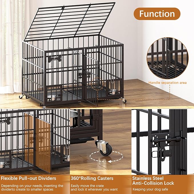 Dosker 54 inch XL Dog Crate for Large Dog/Double Medium Dogs,Heavy Duty Metal Dog Cages,All Metal Open Top Stackable,Dog Kennel Indoor with Wheels,Floor Grid, Tray, Divider and Feeding Bowl