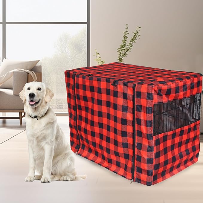 Pethiy Dog Crate Cover Durable Polyester Pet Kennel Cover Universal Fit for Wire Dog Crate - Fits Most 30 inch Dog Crates - Cover only-Red Plaid-30