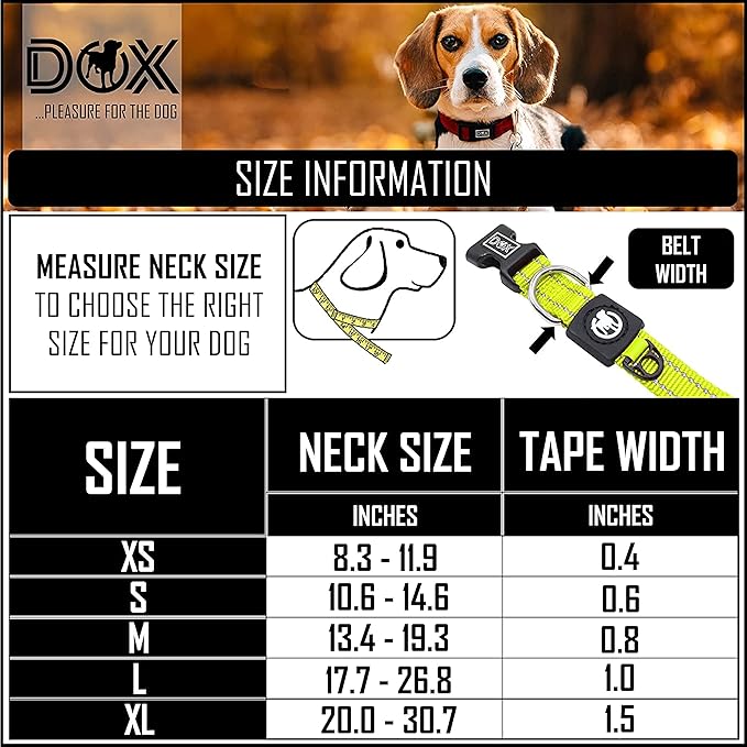 DDOXX Reflective Nylon Dog Collar - Strong and Adjustable Collars Dogs - M (Yellow)