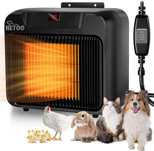 HETOO Dog House Heater with Thermostat, Wall-Mounted 600W/300W Dog Heater, 6.5Ft Anti Chew Cord, Overheat Protection, Safe Fast Heating for Dog Kennel, Cat Houses, Chicken Coops, Black
