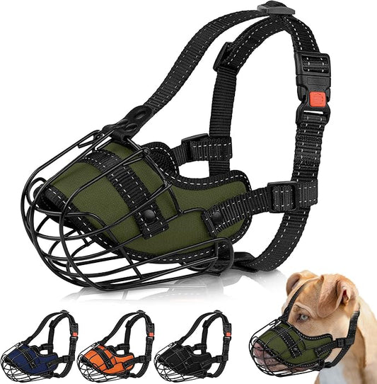 OOPSDOGGY Pitbull Dog Muzzle Reflective Metal Mask Secure Wire Basket Muzzle for Large Sized Dogs Amstaff Soft Cage Muzzle to Prevent Biting Chewing with Adjustable Nylon Straps (Green, Pitbull)