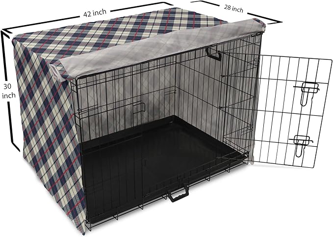 Lunarable Plaid Dog Crate Cover, Celtic Fashion Diagonal Retro Style Classical Irish Culture Inspiration, Easy to Use Pet Kennel Cover for Medium Large Dogs, 42 Inch, Night Blue Red Beige
