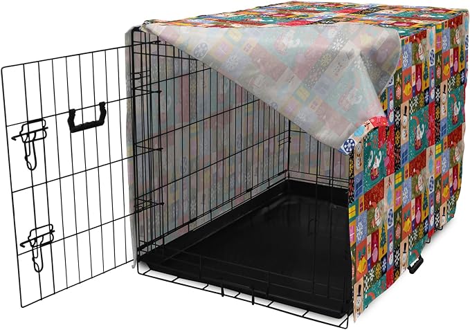 Lunarable Christmas Dog Crate Cover, Modern Design Theme Funny Xmas Winter Patterns Theme, Easy to Use Pet Kennel Cover for Medium Large Dogs, 42 Inch, Red Blue