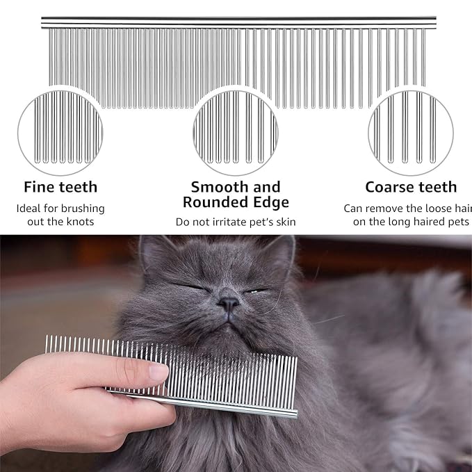 Flea Comb for Cats Dog Comb Lice Comb Metal Teeth Durable Tear Stain Dog Combs Remove Float Hair Combing Tangled Hair Dandruff Pet Comb Grooming Set 3 Pieces Add Storage Pouch (Pink)