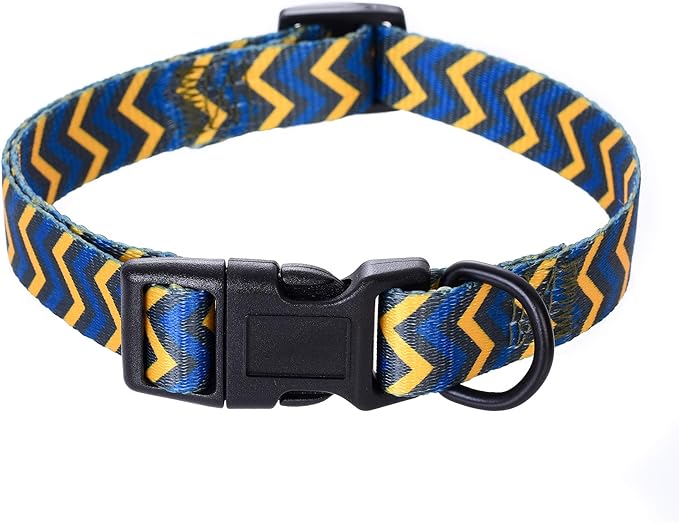 Mile High Life Dog Collar | Cute Puppy Collars | Lightweight Girl Dog Collar | Soft Boy Dog Collars | w Geometric Ocean Wavy Pattern (Blue/Yellow, Large)
