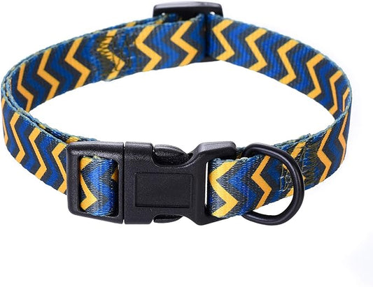 Mile High Life Dog Collar | Cute Puppy Collars | Lightweight Girl Dog Collar | Soft Boy Dog Collars | w Geometric Ocean Wavy Pattern (Blue/Yellow, Large)