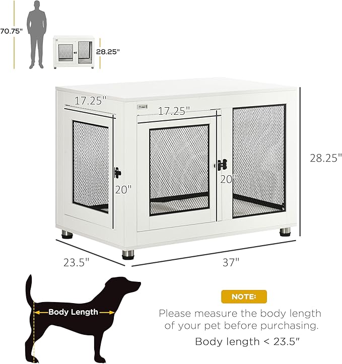 PawHut Dog Crate Furniture, 37" Dog Kennel Furniture with Water-Resistant Cushion, Double Doors for Large Dogs, Dog Crate End Table for Indoor Use, White