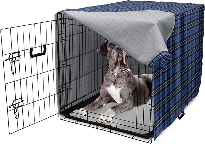 Lunarable Plaid Dog Crate Cover, Classical Old Fashioned Abstract Pattern Design Scottish Country Style, Easy to Use Pet Kennel Cover for Medium Large Dogs, 48 Inch, Violet Blue Black White