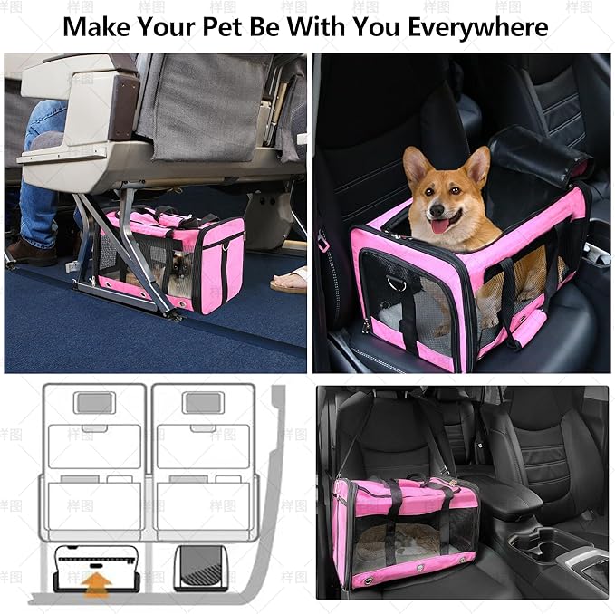 Soft Sided Cat/Dog Carrier,Collapsible Pets Travel Carriers for Pet/Puppy with Shoulder Strap & Removable Mat,Mesh Top Load Small Dogs/Cats Carry Bag Up to 25 Lbs（Pink,L）