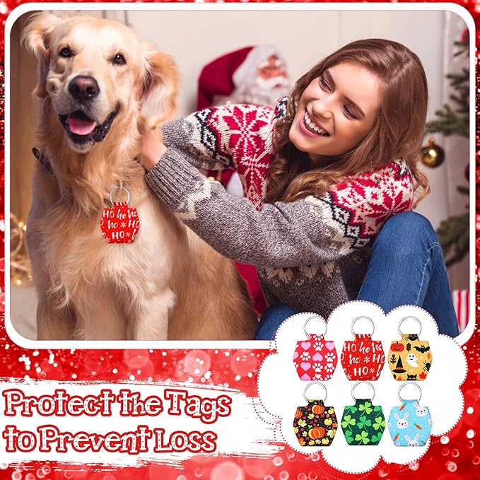 Reginary 6 Pieces Dog Tag Holder Portable Pet ID Tag Soundless Dog Tag Silencer Bag Dog Tag Cover with Rings Quiet Dog Tag Bag Protector for Dogs Cats Pets (Festival Style)