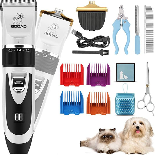 Dog Clippers Grooming Kit and Paw Trimmer,Cordless,Low Noise, Electric Quiet,Rechargeable, Pet Hair Clippers for Thick Coats, Dog Trimmer Grooming, Shaver for Small and Large Dogs Cats