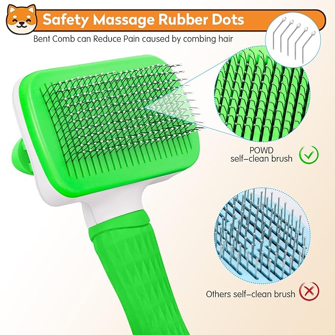 Dog & Cat Brush, Self Cleaning Slicker Brush for Pets, Upgraded Dog Brush for Shedding Massaging and Grooming, Removes Loose Undercoat & Portable Comb for Long Short Haired Dogs(Green)