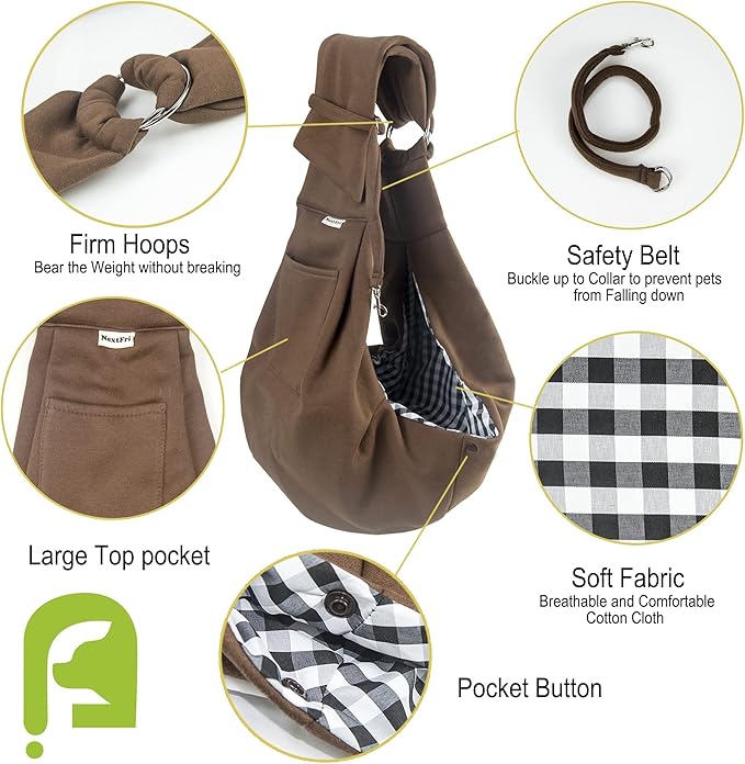 Pet Sling Carrier Adjustable Shoulder Strap Puppy Tote Hands Free Reversible Pet Backpack for Outdoor Travel Classci Brown