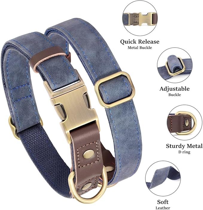 Didog Soft Padded Leather Dog Collars for Medium Dogs, Classic Heavy Duty Dog Collars with Quick Release Metal Buckle, Adjustable Medium Dog Collar Leather,Blue,M