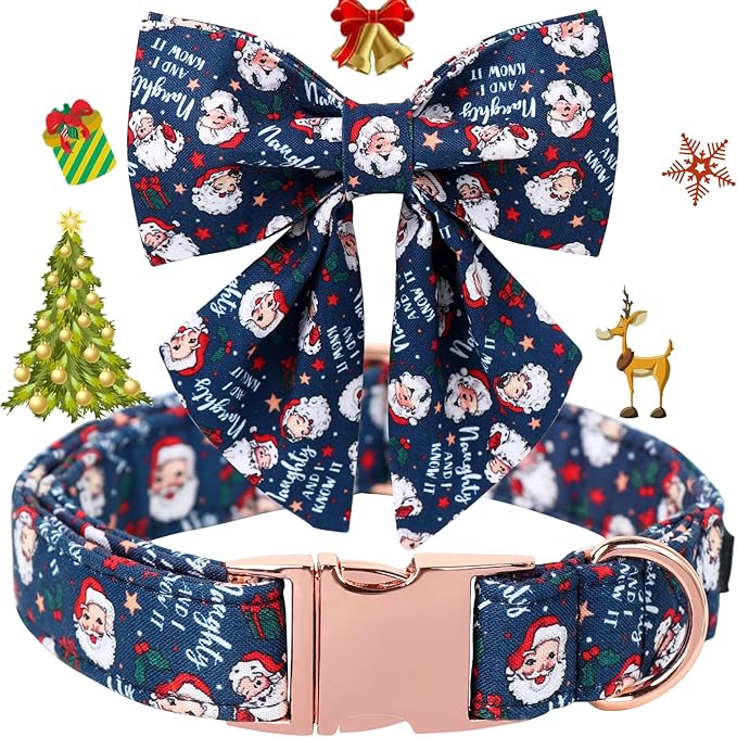 Maca Bates Christmas Santa Dog Collar with Bow Bowtie for Dogs Sailor Bow Tie Adjustable Breakaway Blue Collars Accessories Gift for Small Medium Large XL Puppy with Golden Metal Buckle