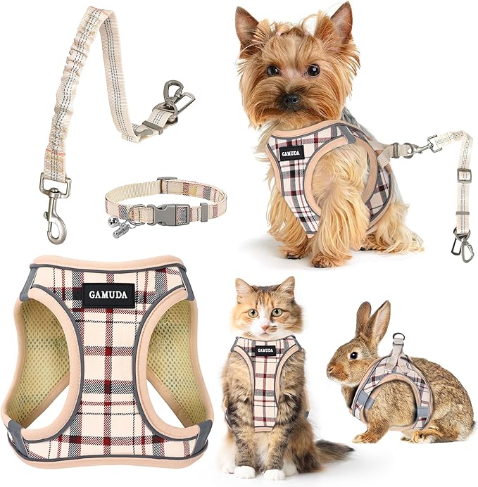 GAMUDA Dog Harness, Collar and Seat Belt Set, Vehicle Safety Harness, Retractable Adjustable Pet Seatbelts with Travel Strap and Carabiner for Most Cars (Beige, XS)